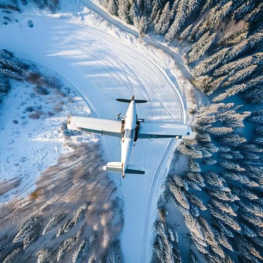 Airplane flying over snow covered terrain